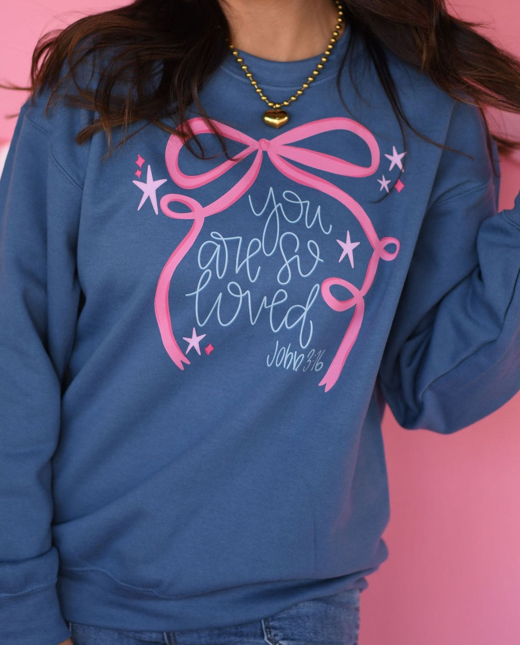 You Are So Loved Bow Indigo Sweatshirt