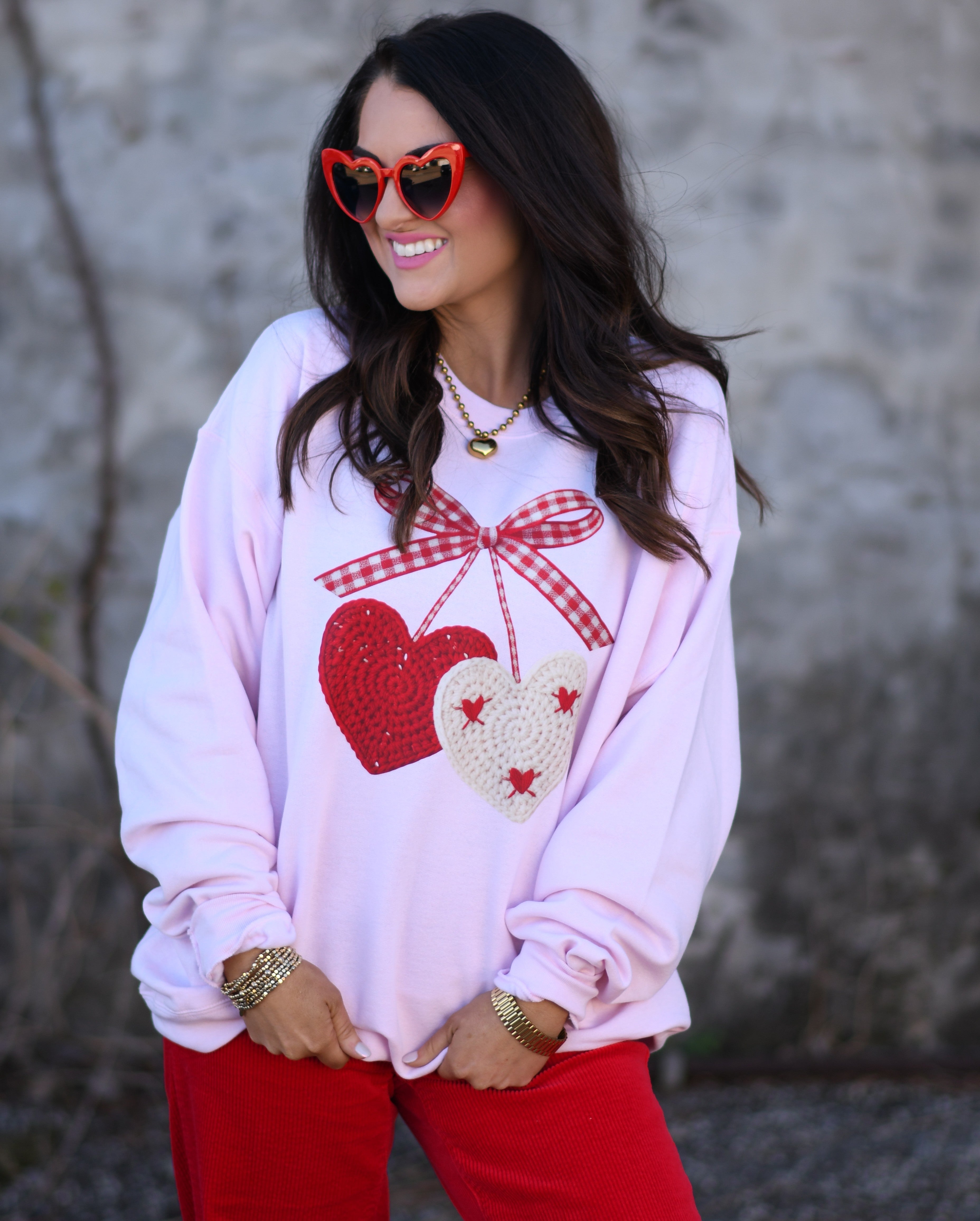 Faux Crochet Cherry Hearts Sweatshirt