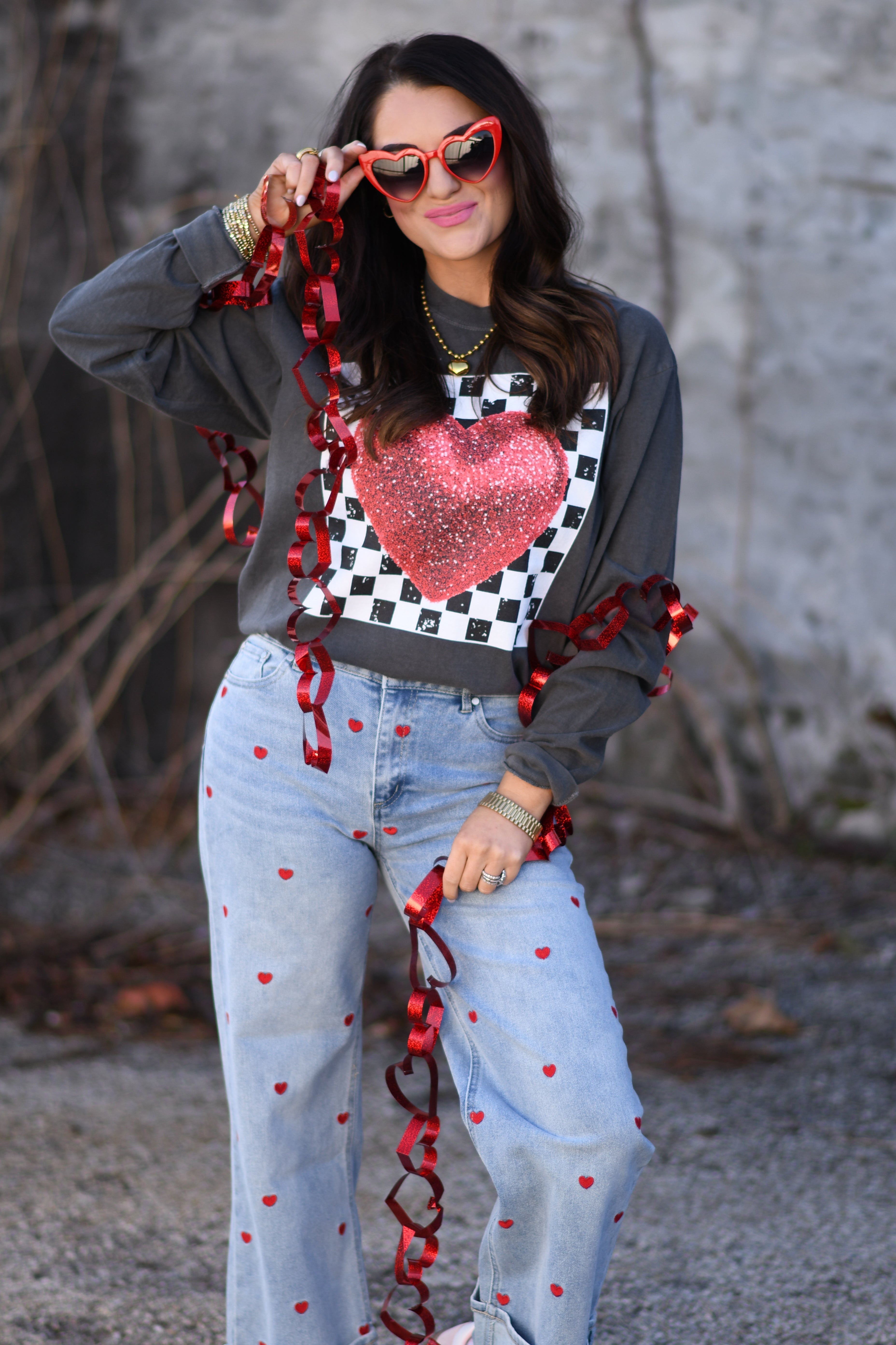 Glittered Checkered Heart Tee / Long Sleeve Tee