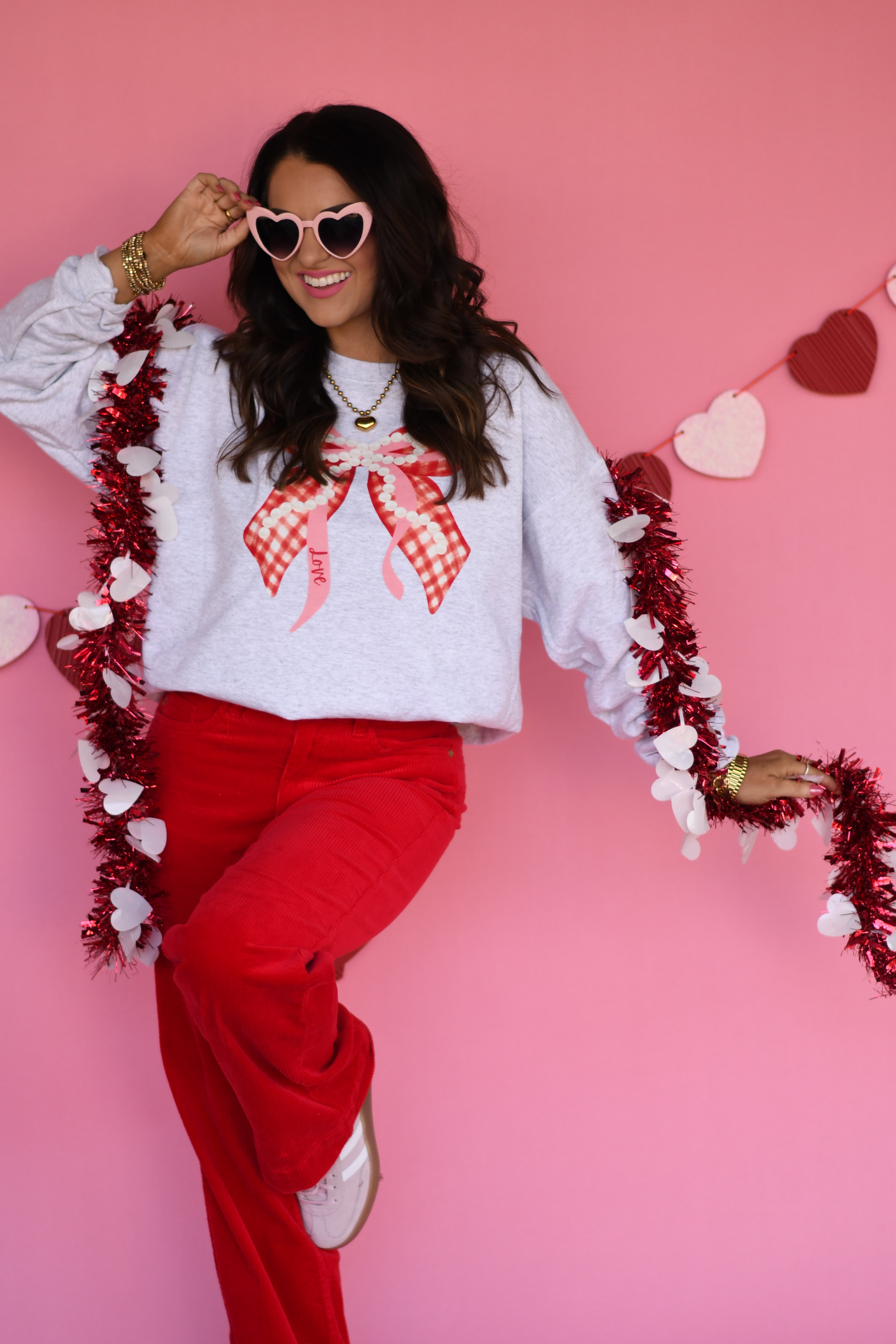 Love Gingham Pearl Bow Sweatshirt
