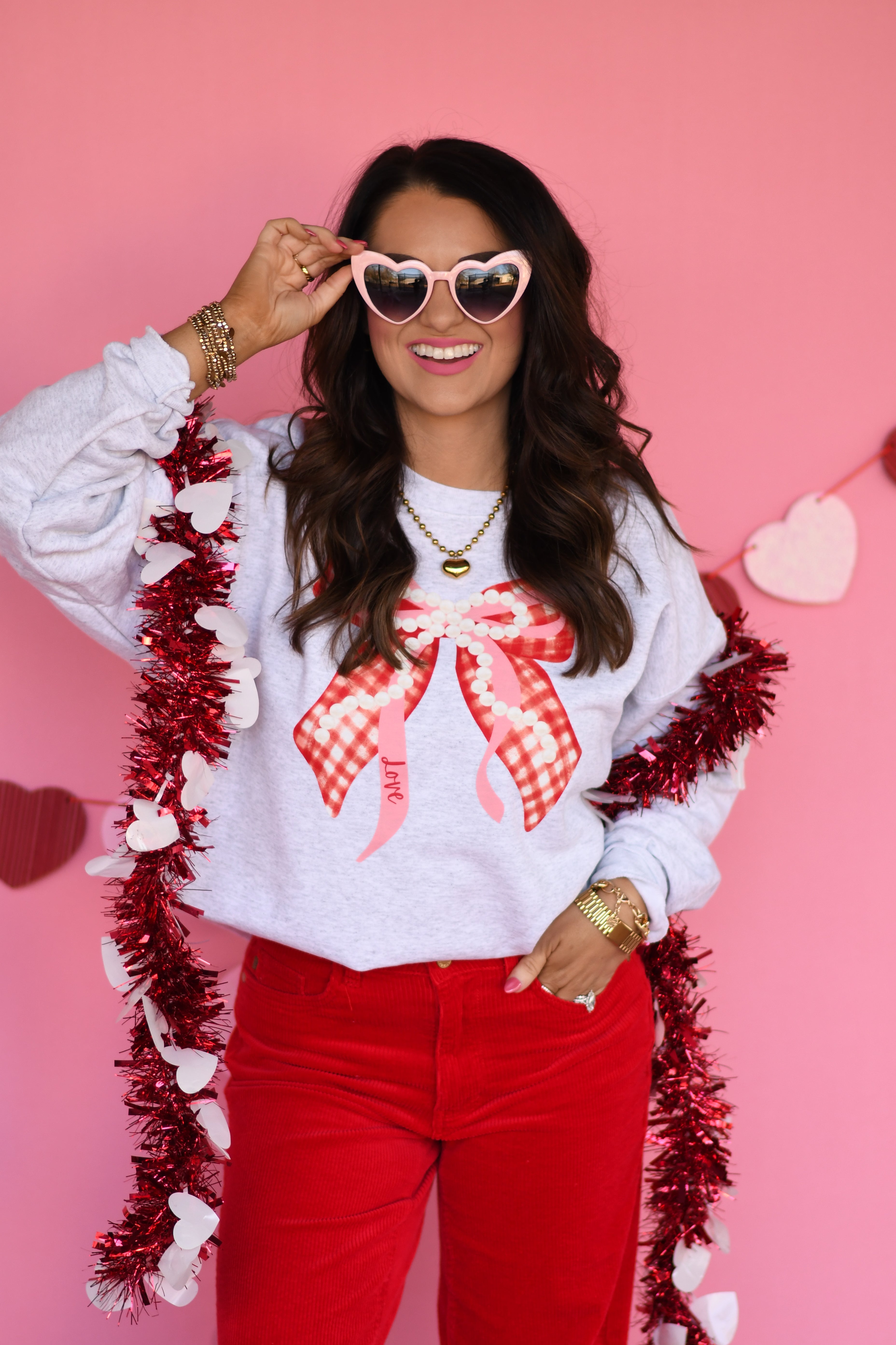 Love Gingham Pearl Bow Sweatshirt