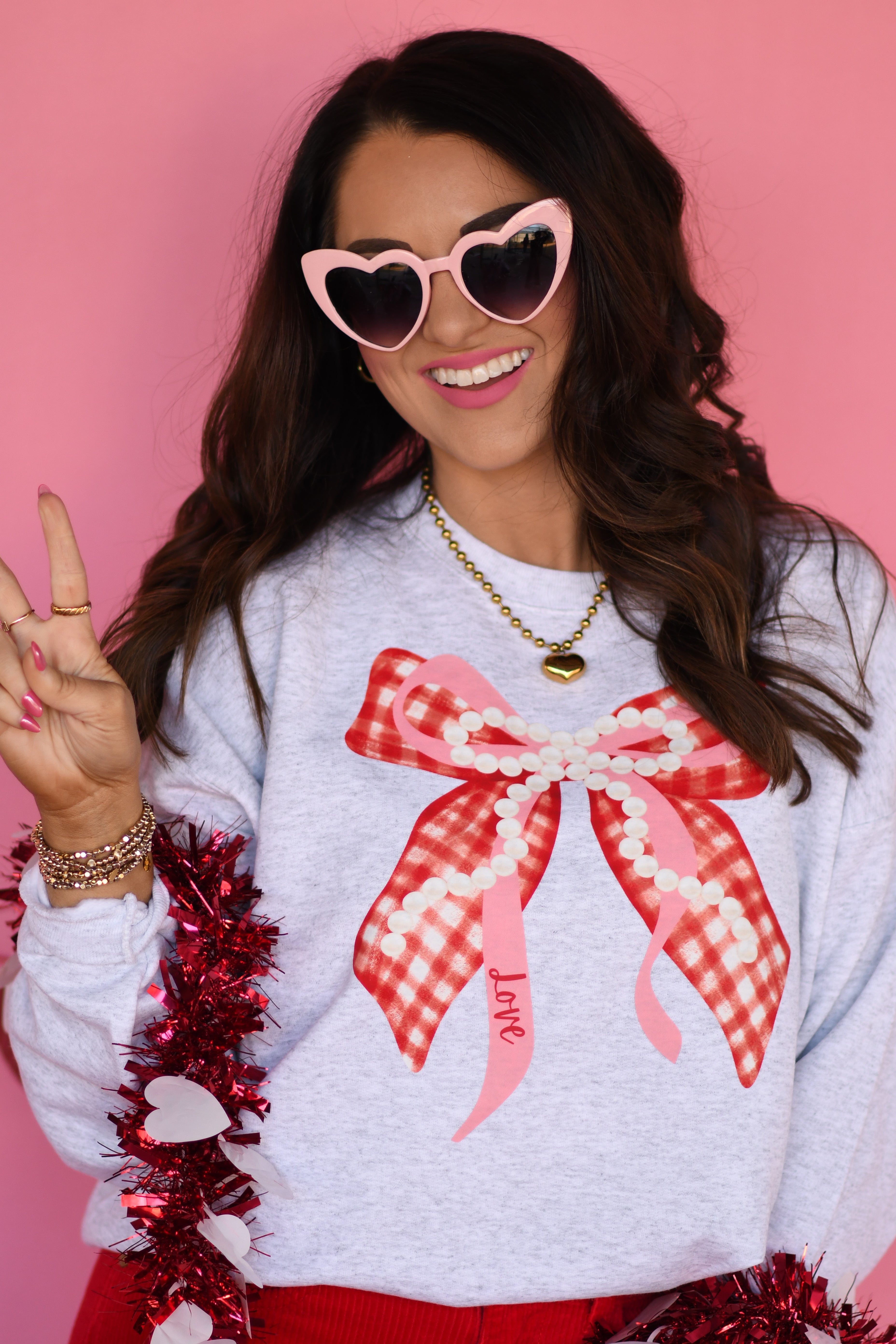 Love Gingham Pearl Bow Sweatshirt